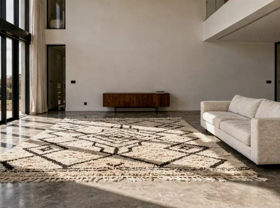Handmade Beni Mrirt wool rug in an open-plan architectural interior — VOLZAR