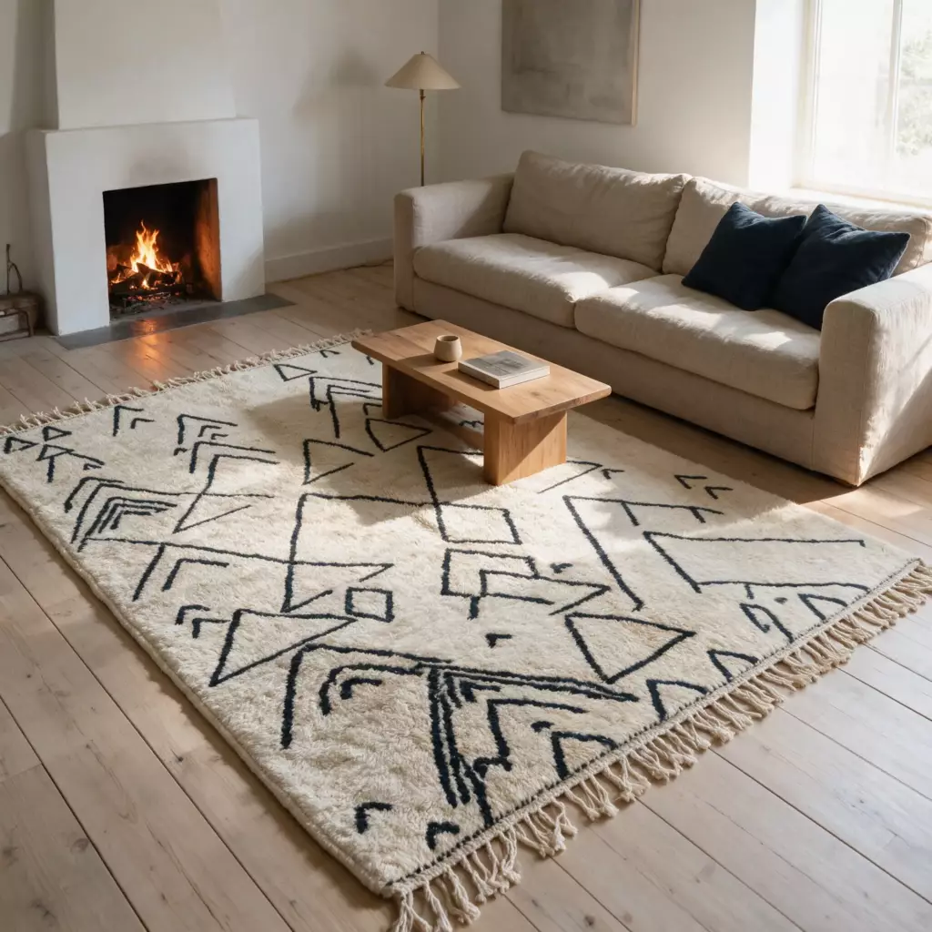 Handmade Beni Mrirt wool rug in a minimal living room — VOLZAR