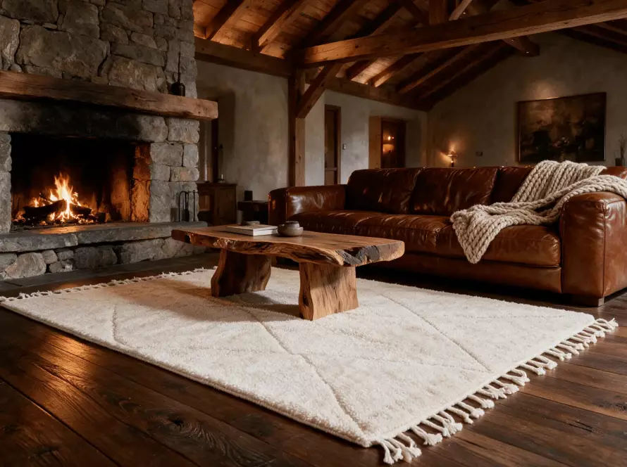 Handmade ivory wool rug in a stone fireplace living room — VOLZAR