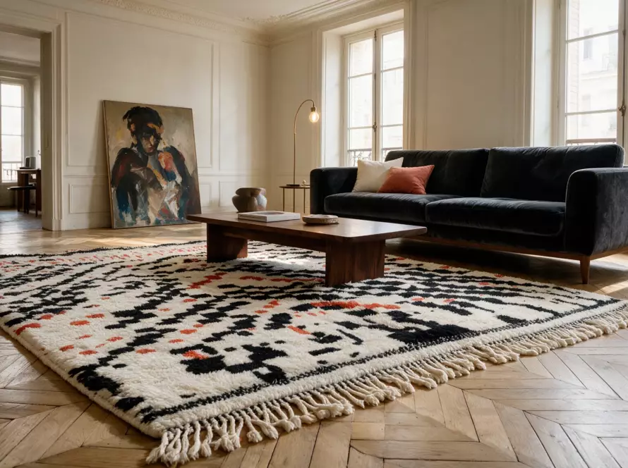Handmade wool rug correctly sized and placed in a living room — VOLZAR
