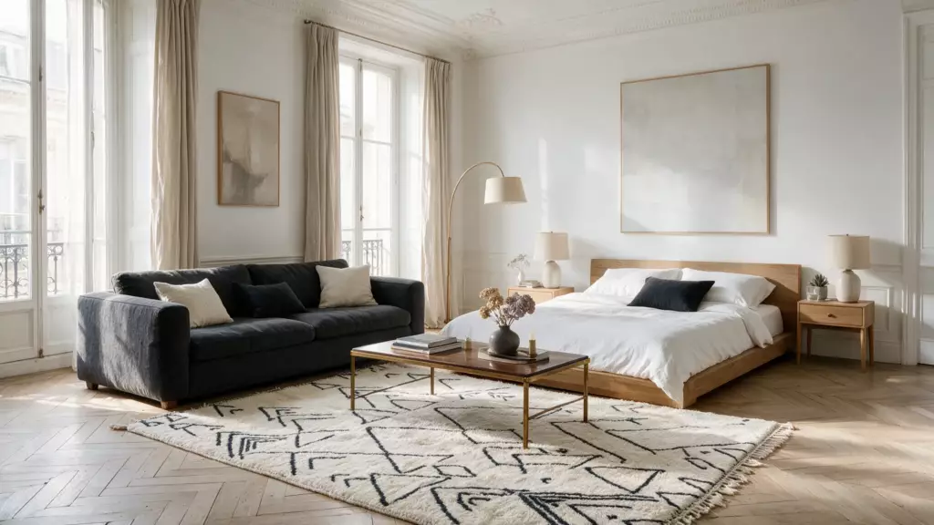 Undersized rug floating between bed and sofa — VOLZAR