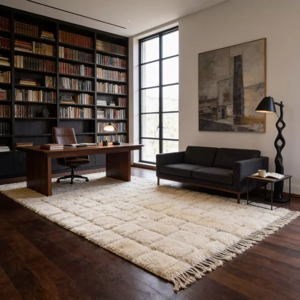 Handmade ivory wool rug in premium home office — VOLZAR