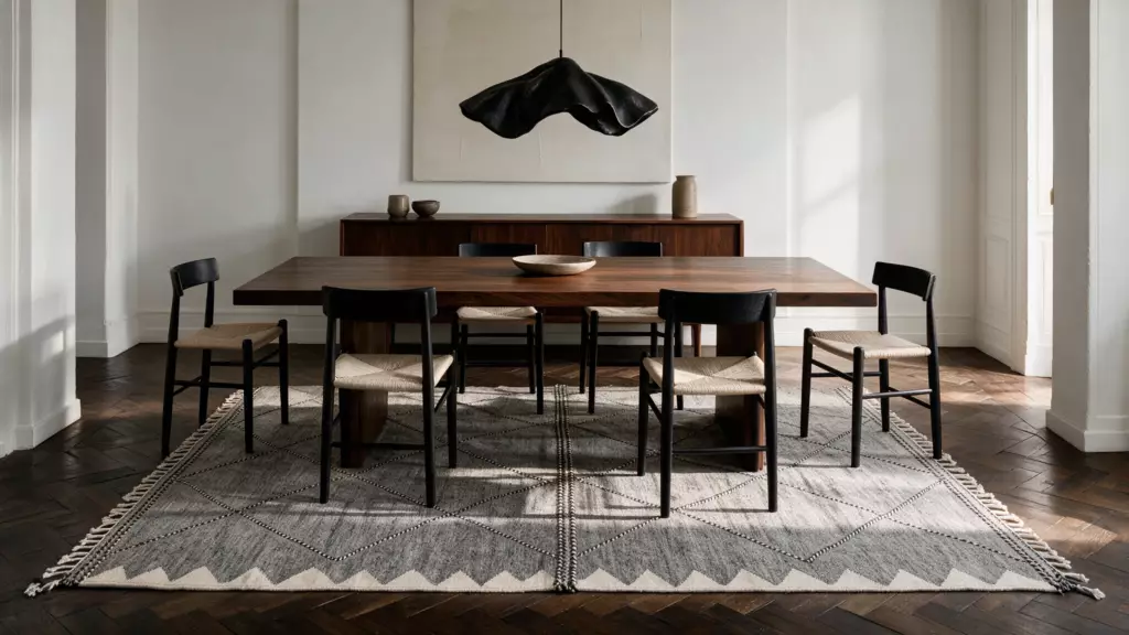Handmade grey geometric rug in Parisian dining room — VOLZAR