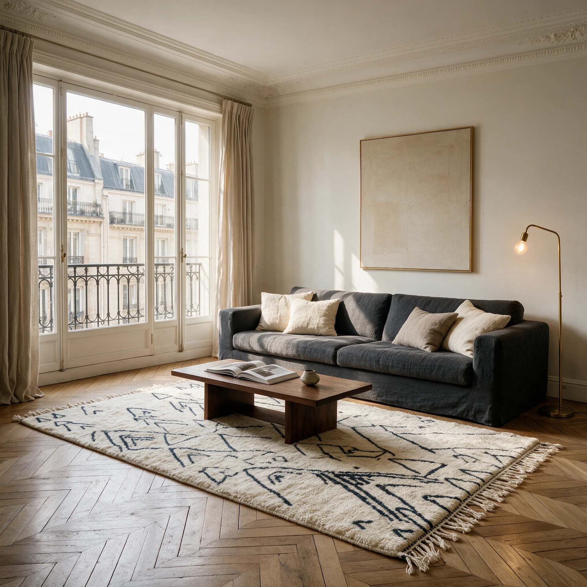 Beni Mrirt handwoven wool rug, Amazigh geometric motifs in ivory and black, styled in Parisian haussmannian living room — VOLZAR