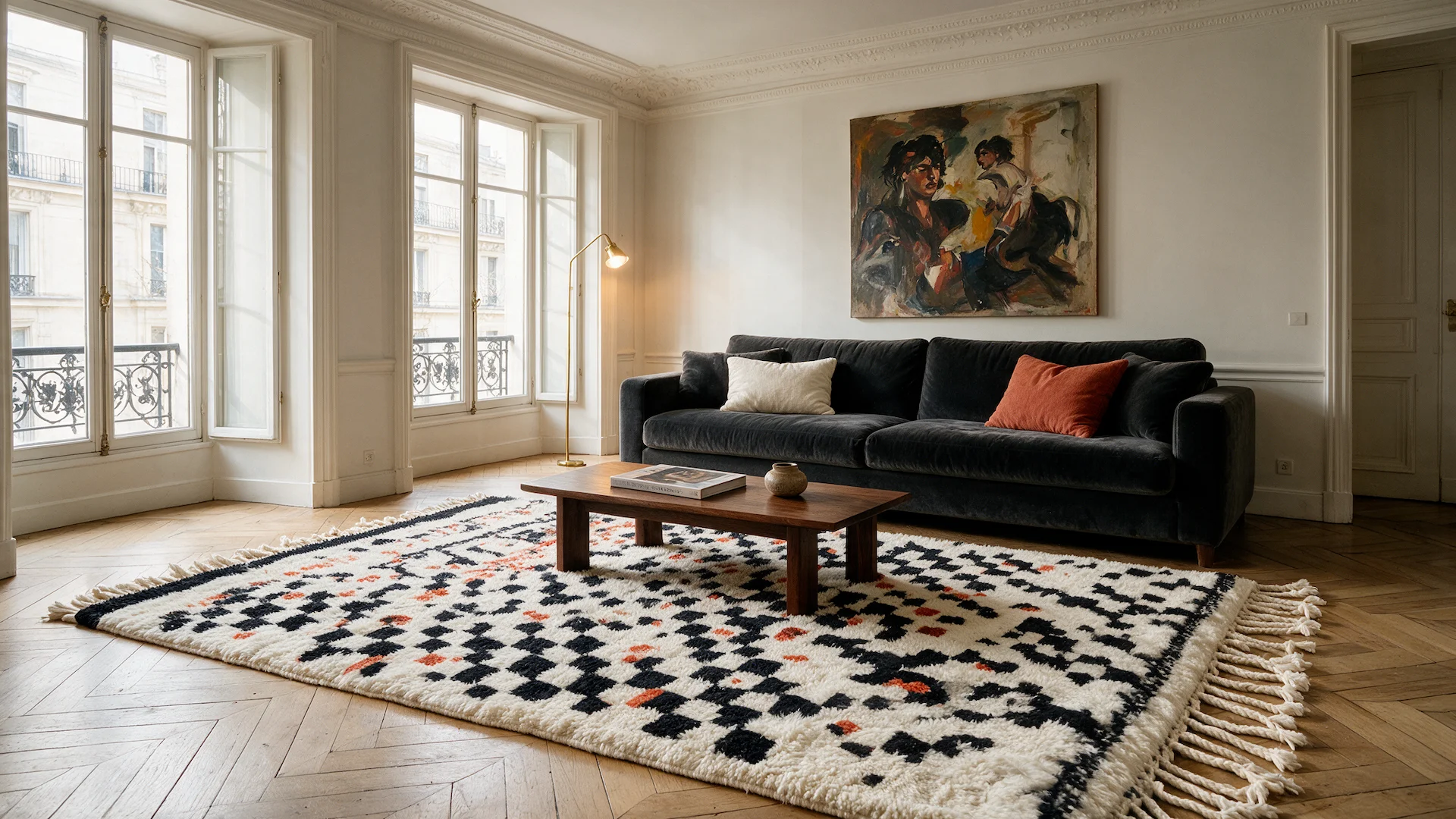 Beni Mrirt handwoven wool rug, geometric black and terracotta motifs, styled in Parisian haussmannian apartment — VOLZAR