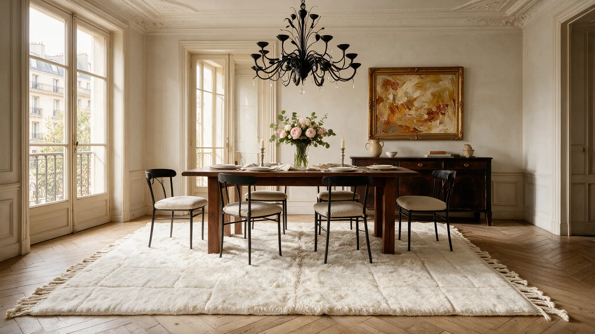 Handmade ivory Beni Mrirt rug in Parisian dining room — VOLZAR
