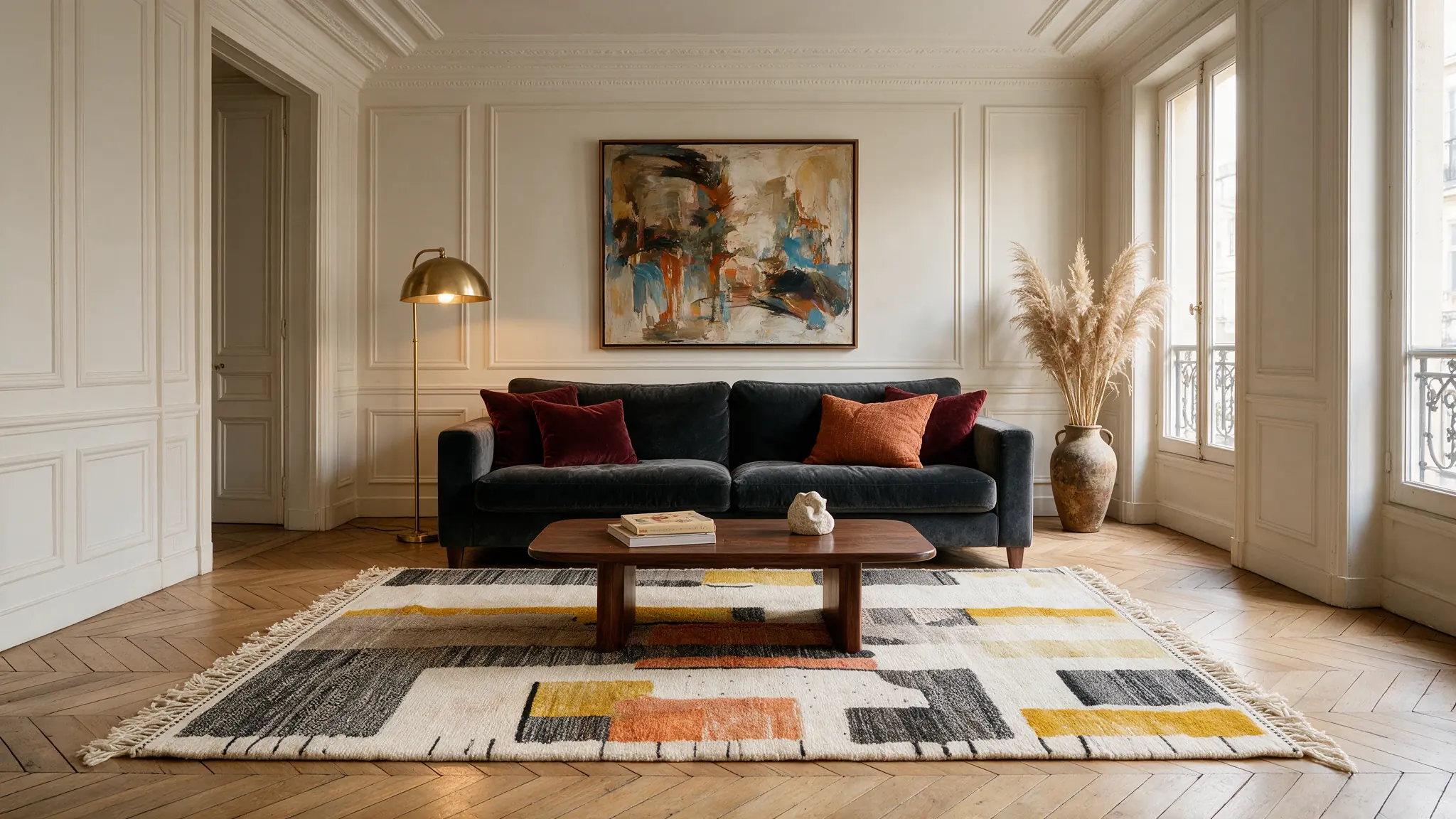 Handmade geometric rug in Parisian living room — VOLZAR