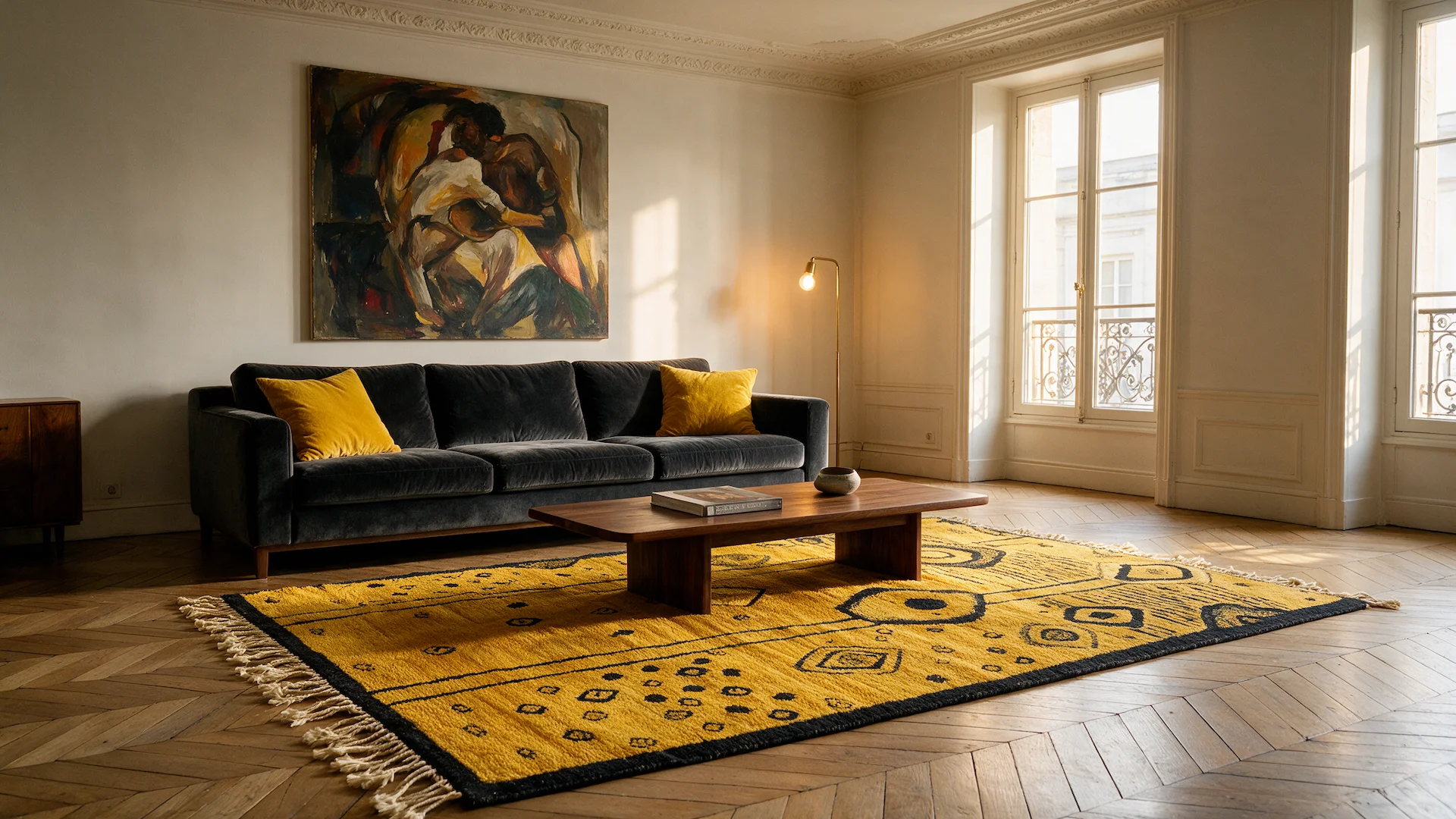 Handmade Amazigh rug in safran yellow, geometric patterns, styled in Parisian apartment — VOLZAR